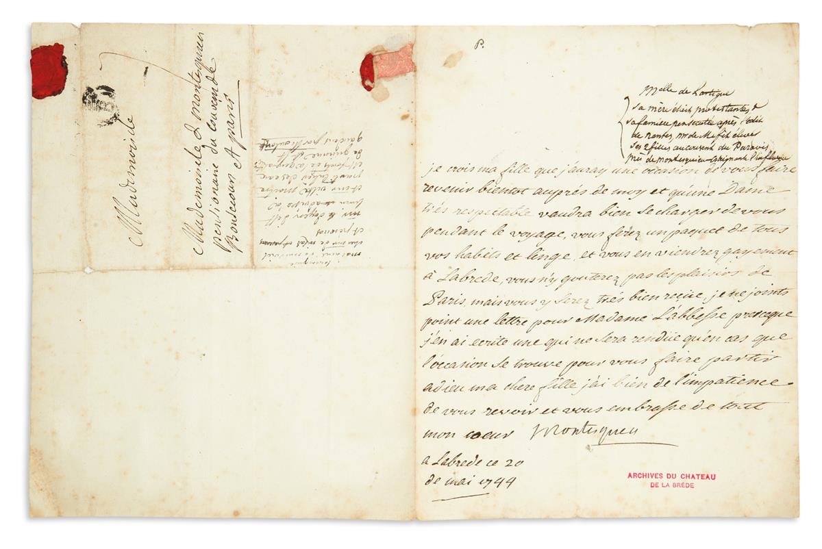 MONTESQUIEU, CHARLES DE SECONDAT. Letter Signed, Montesquieu, with holograph address panel, to one of his daughters